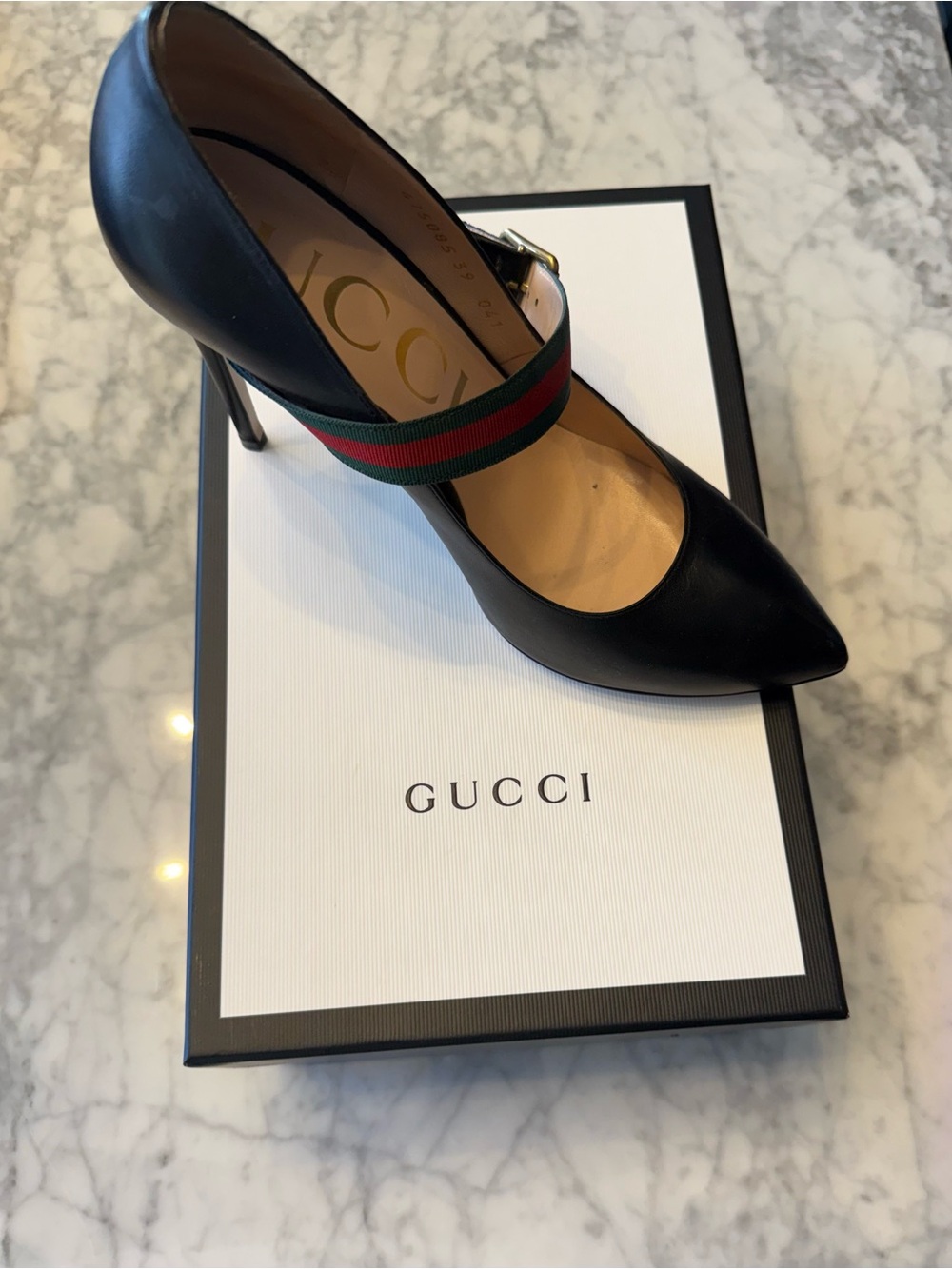 Gucci Black Leather Mary Jane Pumps with Green-Red Web Strap. - Picture 5 of 6